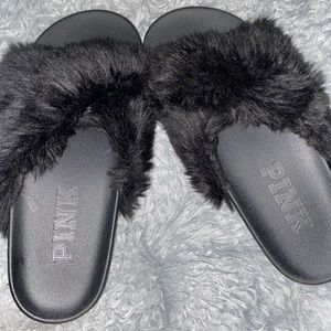 PINK faux fur fluffy fuzzy slipper slide sandals